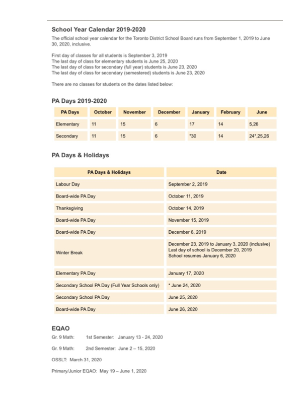 TDSB - School Year 2019-2020