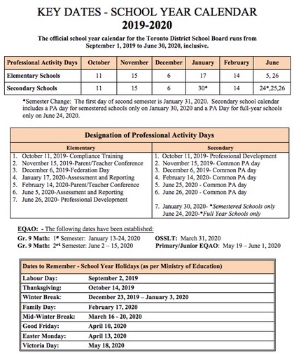 TDSB-Key Dates 2019-2020